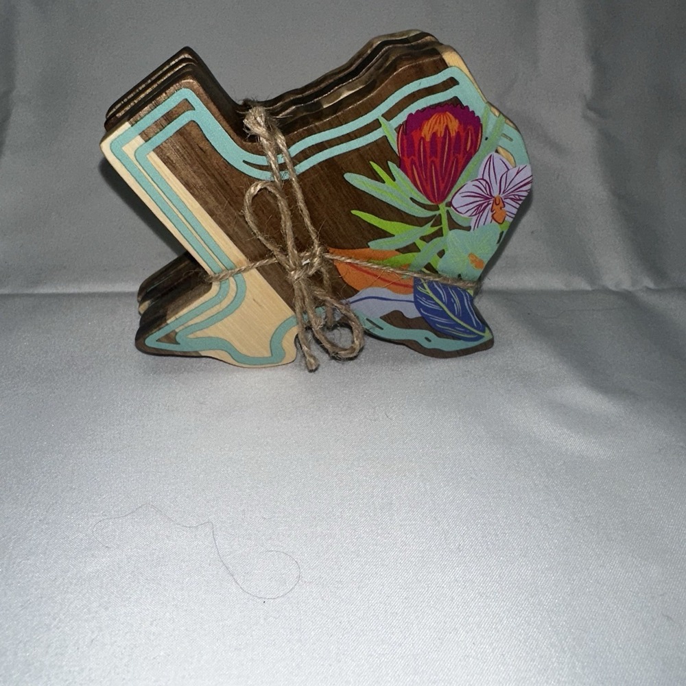 Destination Holiday Texas State Shaped Wooden Coaster Set 4 Painted Flowers NEW